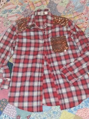 Red Plaid Shirt with Sequin Accents